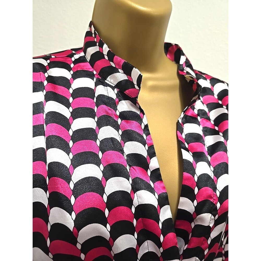 MKM Satin Babydoll Top Womens Sz Large Office Siren Pink Black Y2K V Neck Belted
